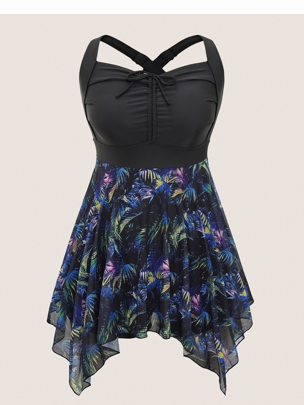 Black Tankini Swim Dress with Tropical Print Skirt